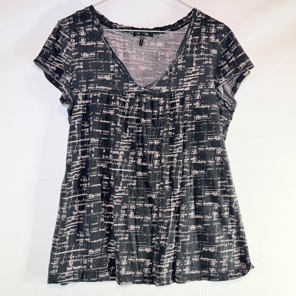 Daisy Fuentes Womens Black Pink Abstract Grid Print V-Neck Short Sleeve Blouse M